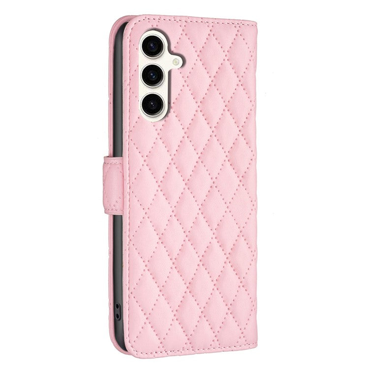 BINFEN COLOR BF Style-14 For Samsung Galaxy M35 5G Leather Phone Case Rhombus Grid Pattern - Pink