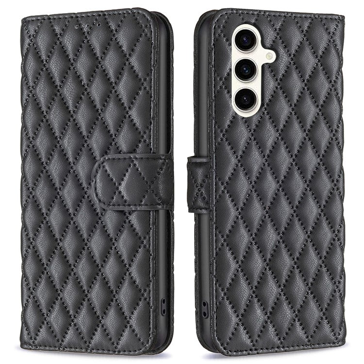 BINFEN COLOR BF Style-14 For Samsung Galaxy M35 5G Leather Phone Case Rhombus Grid Pattern - Black