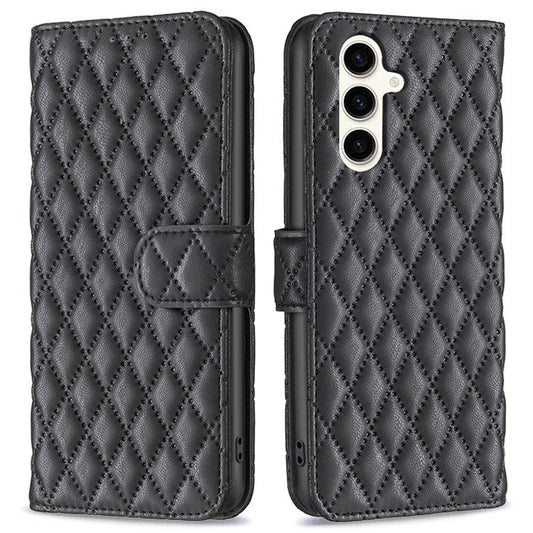 BINFEN COLOR BF Style-14 For Samsung Galaxy M35 5G Leather Phone Case Rhombus Grid Pattern - Black