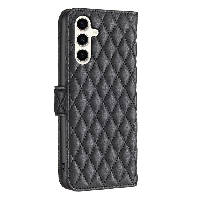 BINFEN COLOR BF Style-14 For Samsung Galaxy M35 5G Leather Phone Case Rhombus Grid Pattern - Black