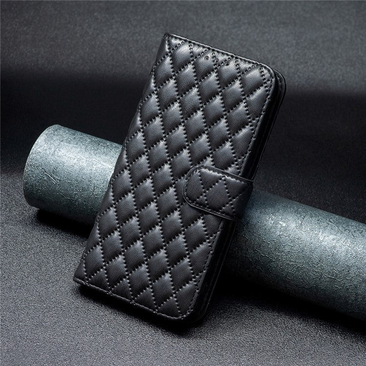 BINFEN COLOR BF Style-14 For Samsung Galaxy M35 5G Leather Phone Case Rhombus Grid Pattern - Black