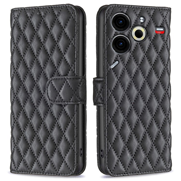 BINFEN COLOR BF Style-14 For TECNO Pova 6 Neo Case Rhombus PU Leather Wallet Cover - Black