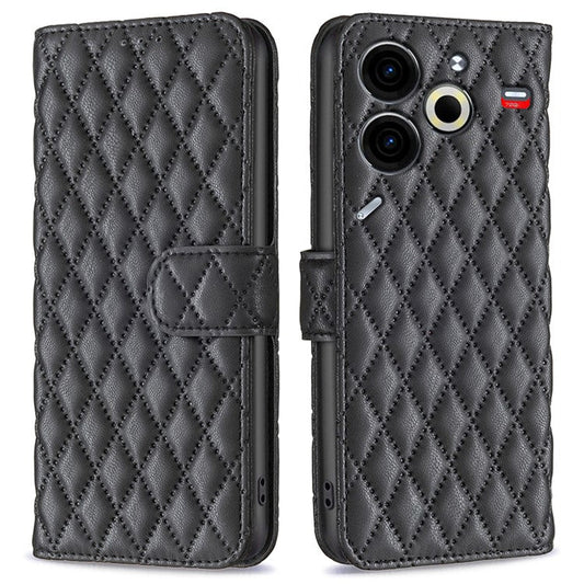 BINFEN COLOR BF Style-14 For TECNO Pova 6 Neo Case Rhombus PU Leather Wallet Cover - Black