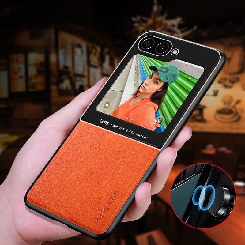 For Samsung Galaxy Z Flip6 5G Case Leather Back Cover with Rear Small Screen Protector - Orange
