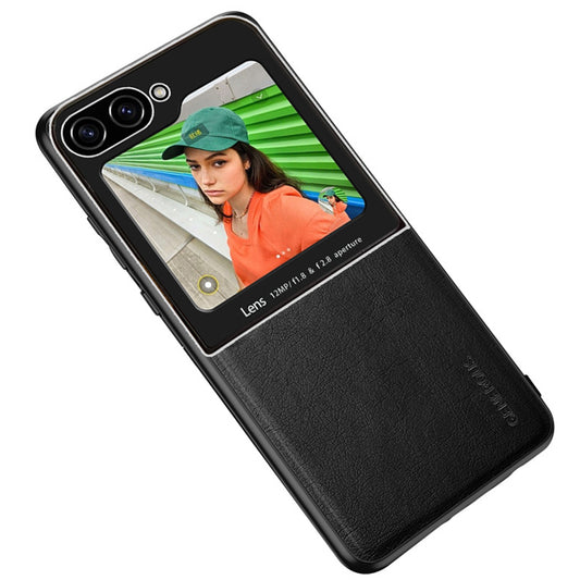 For Samsung Galaxy Z Flip6 5G Case Leather Back Cover with Rear Small Screen Protector - Black