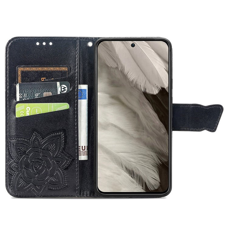 For Google Pixel 8 Case Butterfly Flower Leather Phone Cover 3D Rhinestone Decor - Black