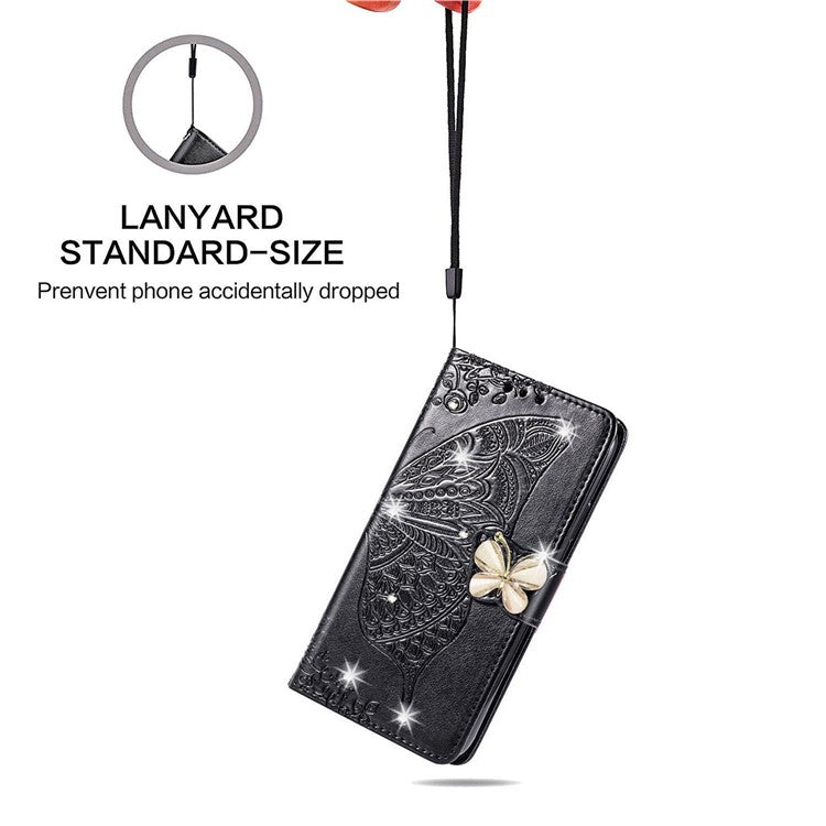 For Google Pixel 8 Case Butterfly Flower Leather Phone Cover 3D Rhinestone Decor - Black