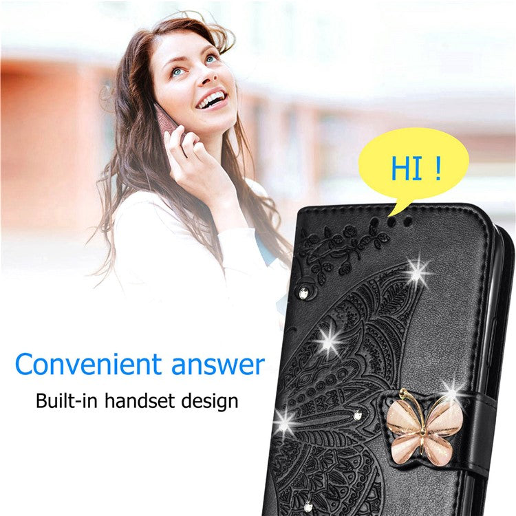 For Google Pixel 8 Case Butterfly Flower Leather Phone Cover 3D Rhinestone Decor - Black
