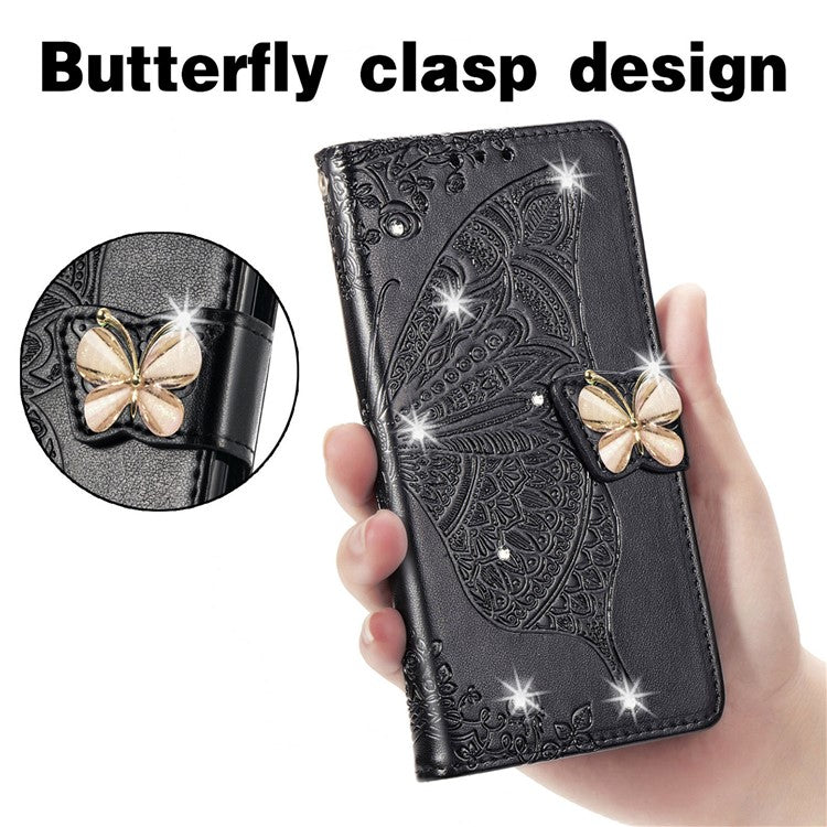 For Google Pixel 8 Case Butterfly Flower Leather Phone Cover 3D Rhinestone Decor - Black