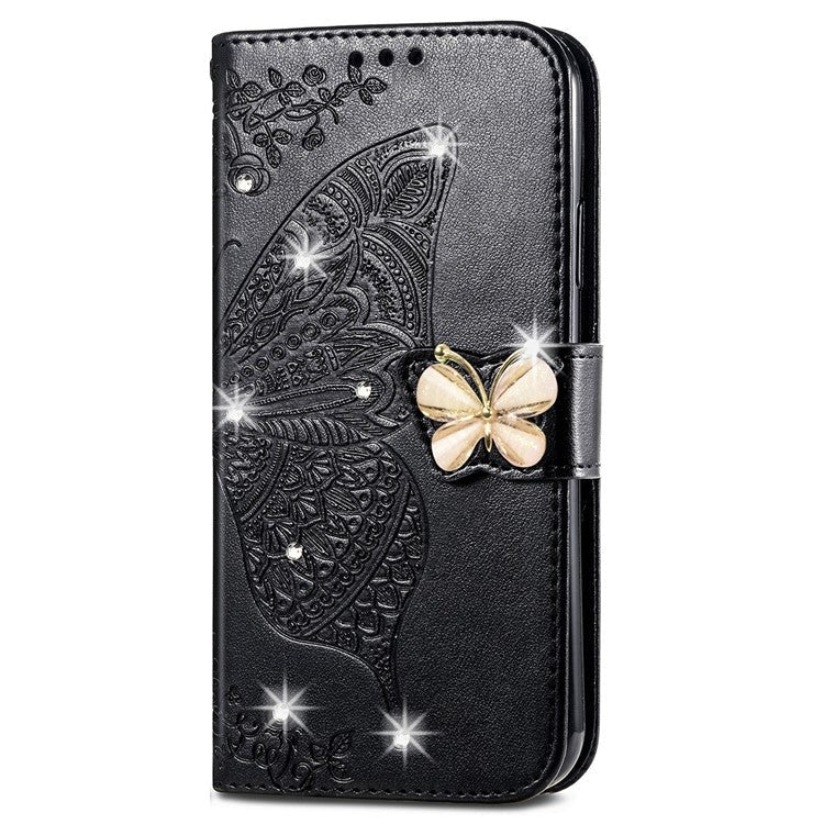 For Google Pixel 8 Case Butterfly Flower Leather Phone Cover 3D Rhinestone Decor - Black