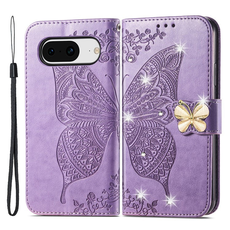 For Google Pixel 8 Case Butterfly Flower Leather Phone Cover 3D Rhinestone Decor - Light Purple