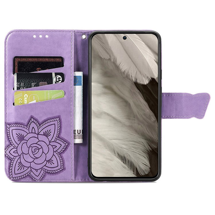 For Google Pixel 8 Case Butterfly Flower Leather Phone Cover 3D Rhinestone Decor - Light Purple