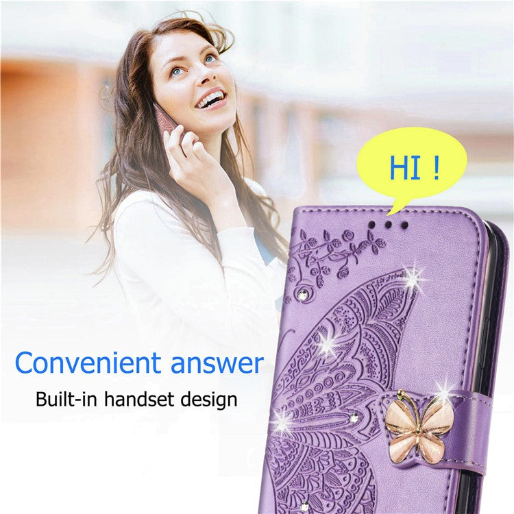 For Google Pixel 8 Case Butterfly Flower Leather Phone Cover 3D Rhinestone Decor - Light Purple