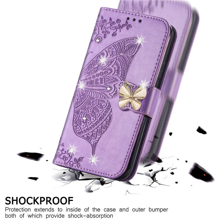 For Google Pixel 8 Case Butterfly Flower Leather Phone Cover 3D Rhinestone Decor - Light Purple