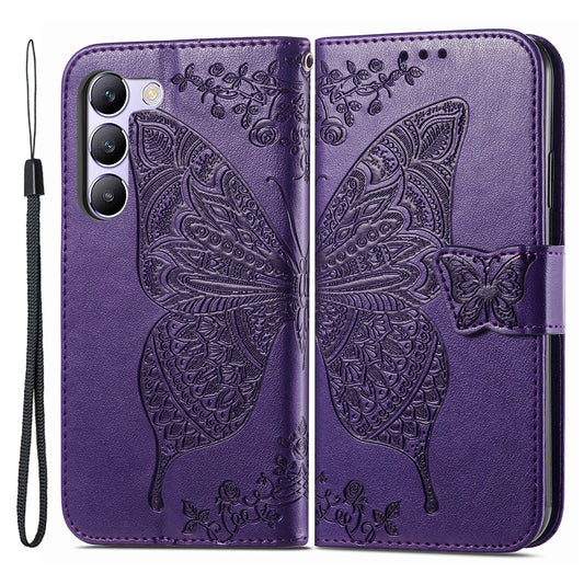 For vivo V40 SE 5G Case Butterfly Imprinted Leather Flip Protective Phone Cover - Dark Purple