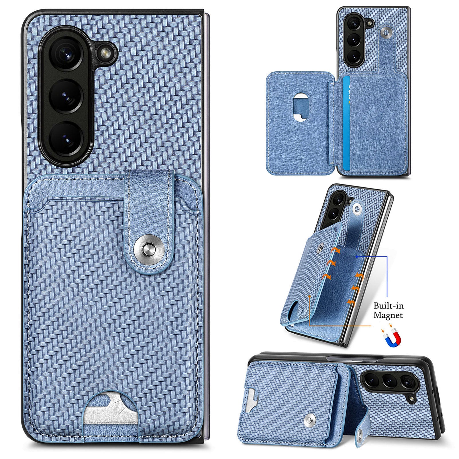For Samsung Galaxy Z Fold6 5G Case Card Holder Leather Back Cover Carbon Fiber Texture - Blue