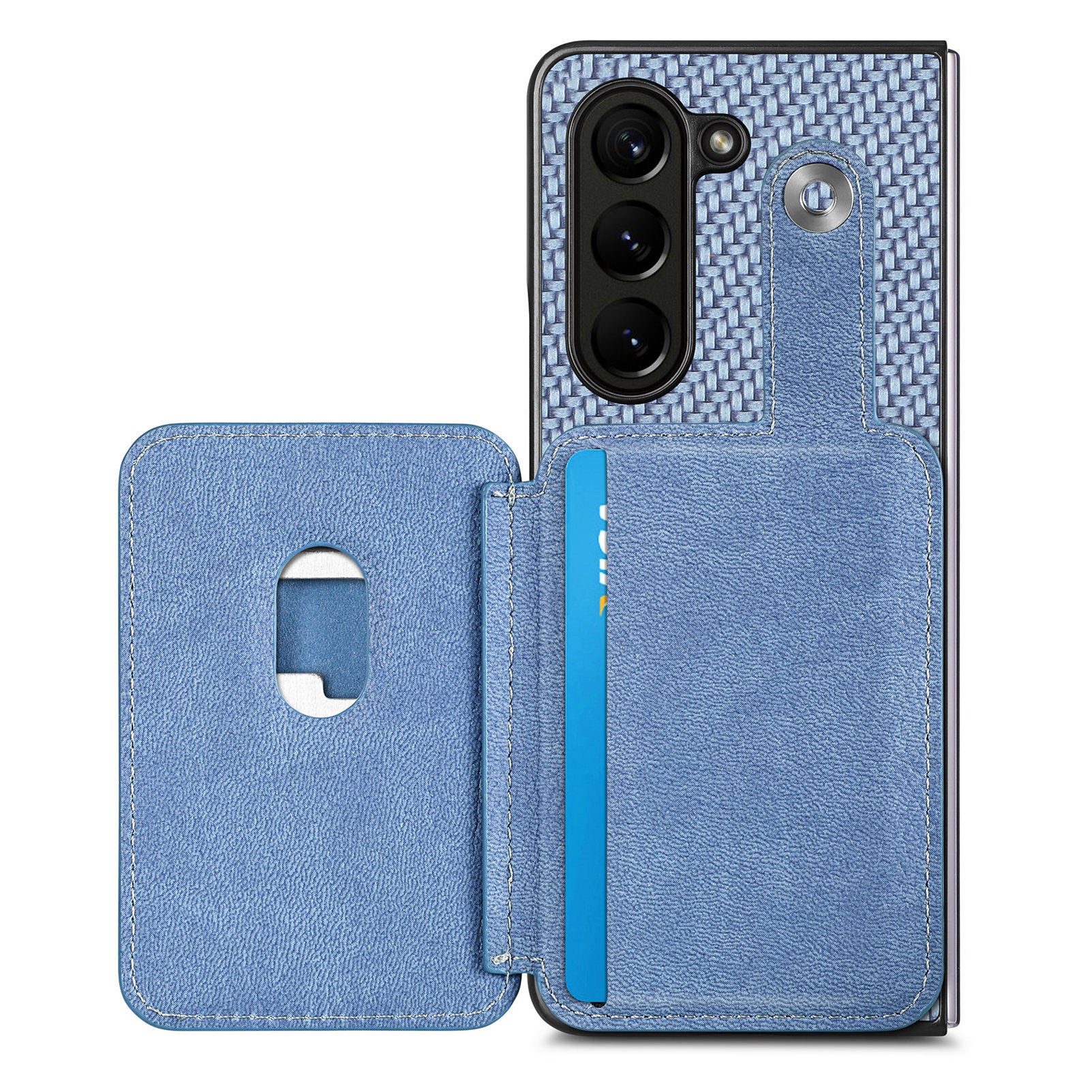 For Samsung Galaxy Z Fold6 5G Case Card Holder Leather Back Cover Carbon Fiber Texture - Blue