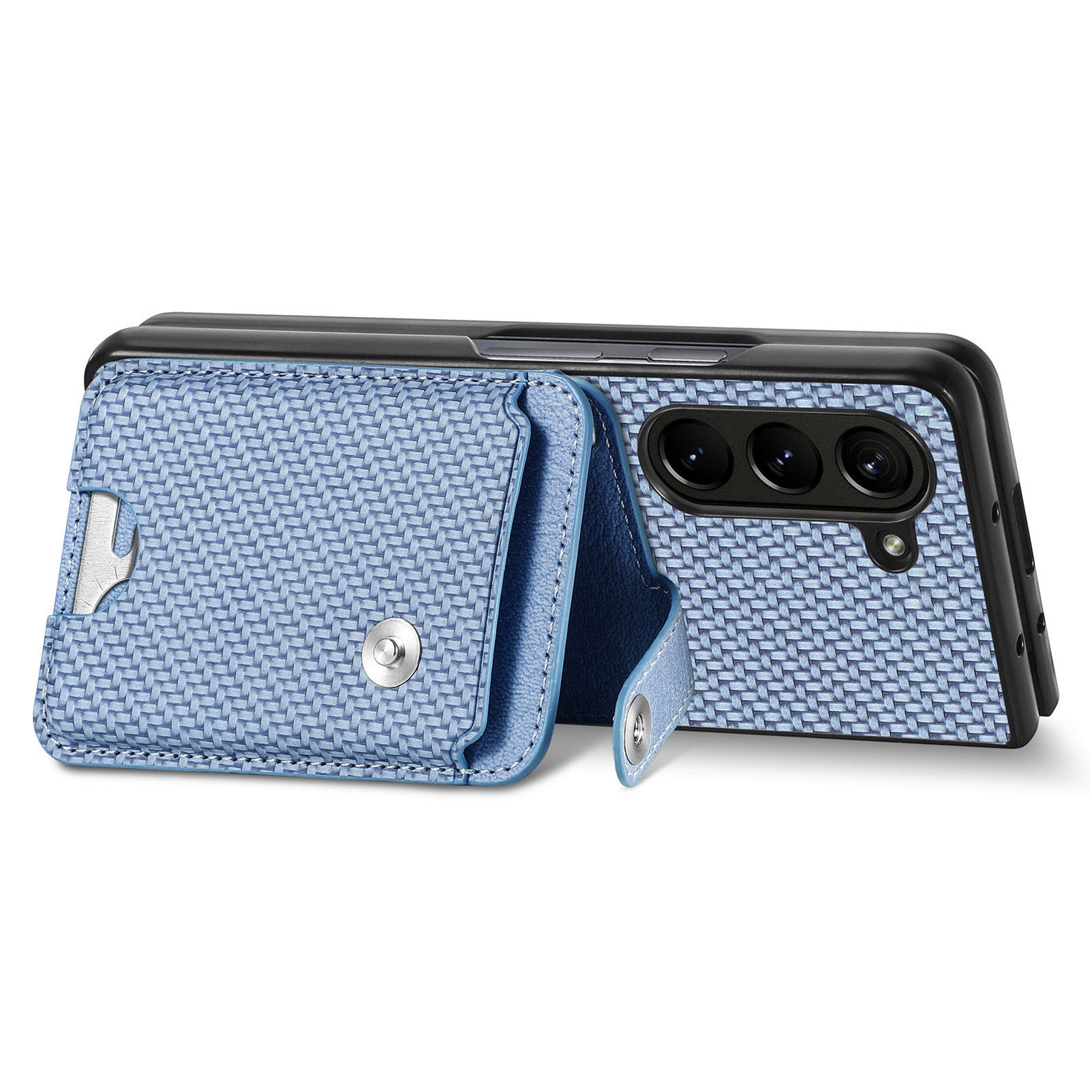 For Samsung Galaxy Z Fold6 5G Case Card Holder Leather Back Cover Carbon Fiber Texture - Blue