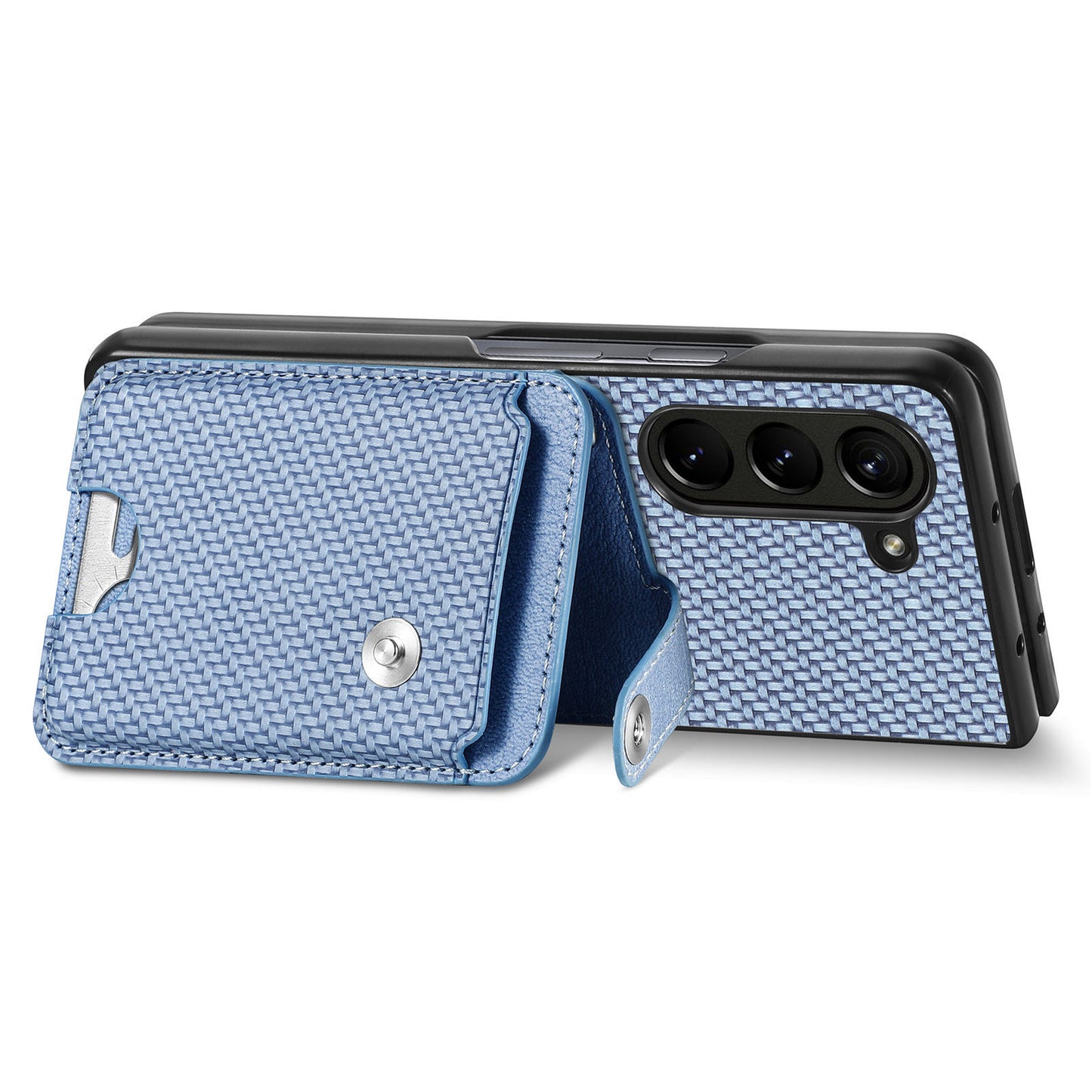 For Samsung Galaxy Z Fold6 5G Case Card Holder Leather Back Cover Carbon Fiber Texture - Blue