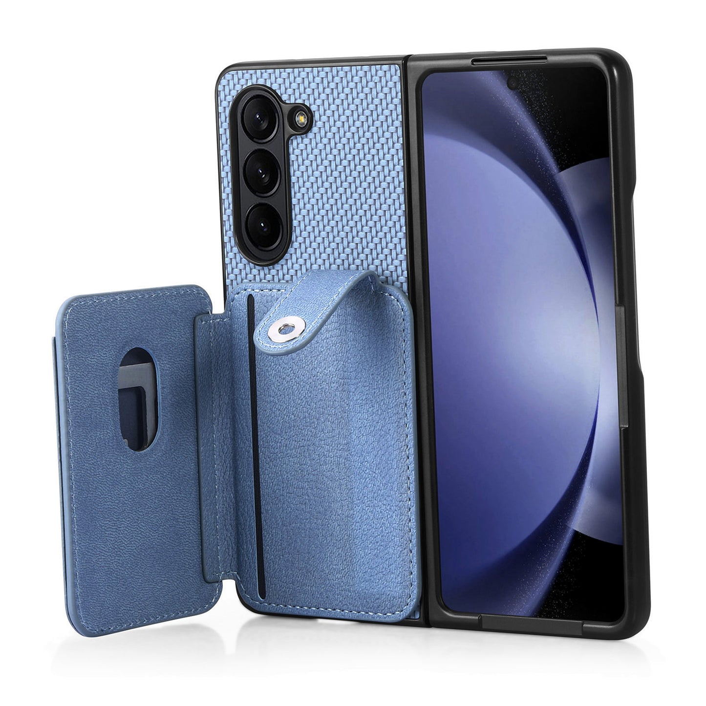 For Samsung Galaxy Z Fold6 5G Case Card Holder Leather Back Cover Carbon Fiber Texture - Blue