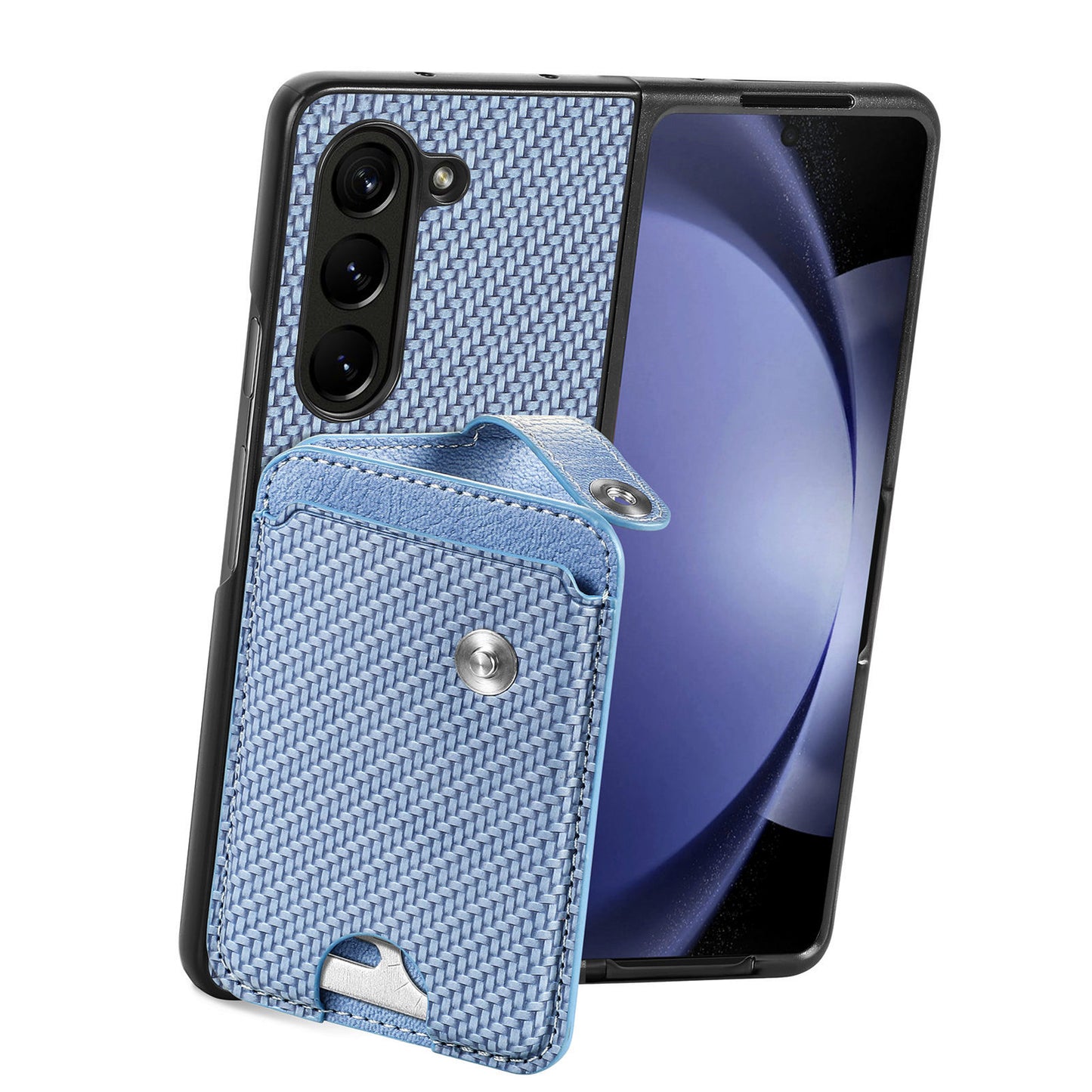 For Samsung Galaxy Z Fold6 5G Case Card Holder Leather Back Cover Carbon Fiber Texture - Blue