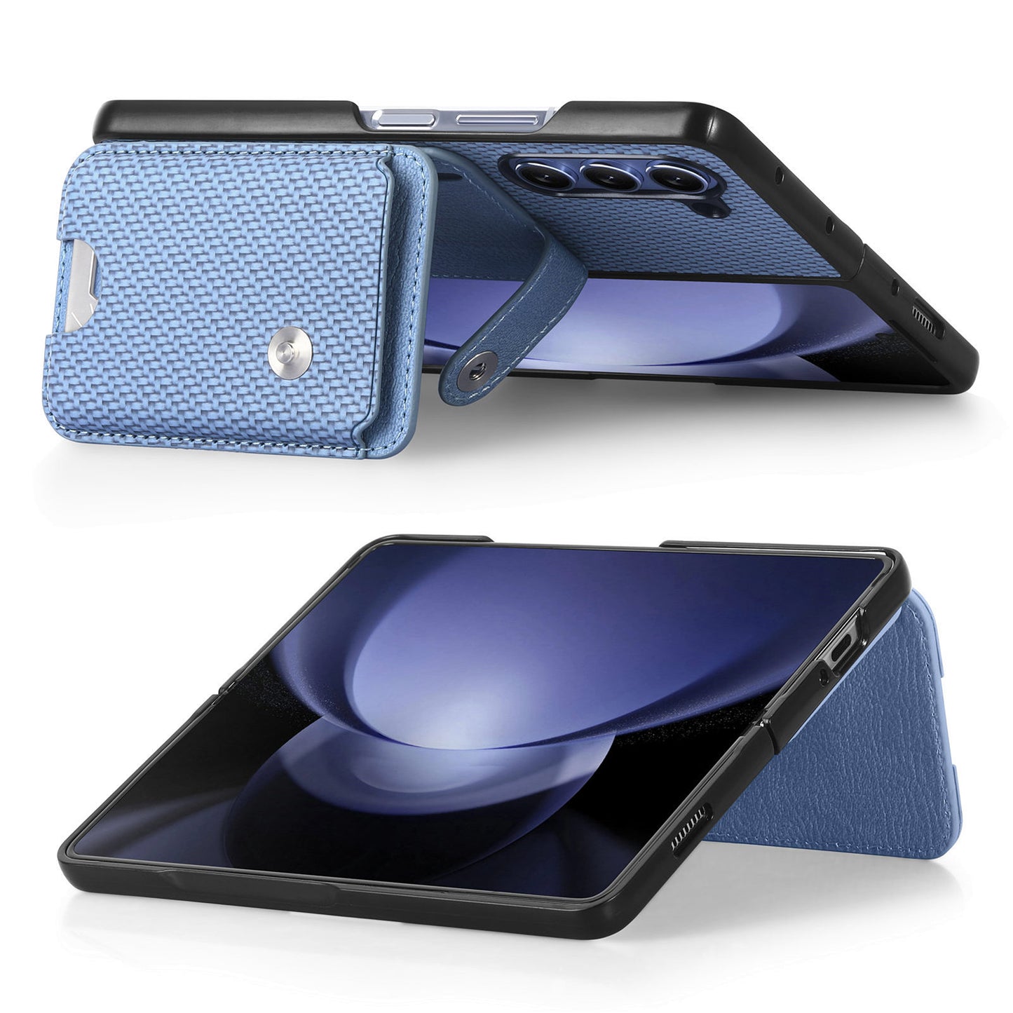 For Samsung Galaxy Z Fold6 5G Case Card Holder Leather Back Cover Carbon Fiber Texture - Blue