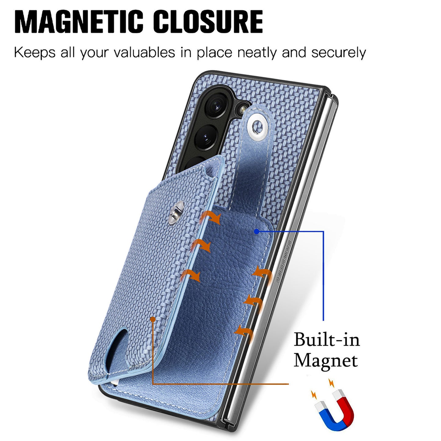 For Samsung Galaxy Z Fold6 5G Case Card Holder Leather Back Cover Carbon Fiber Texture - Blue