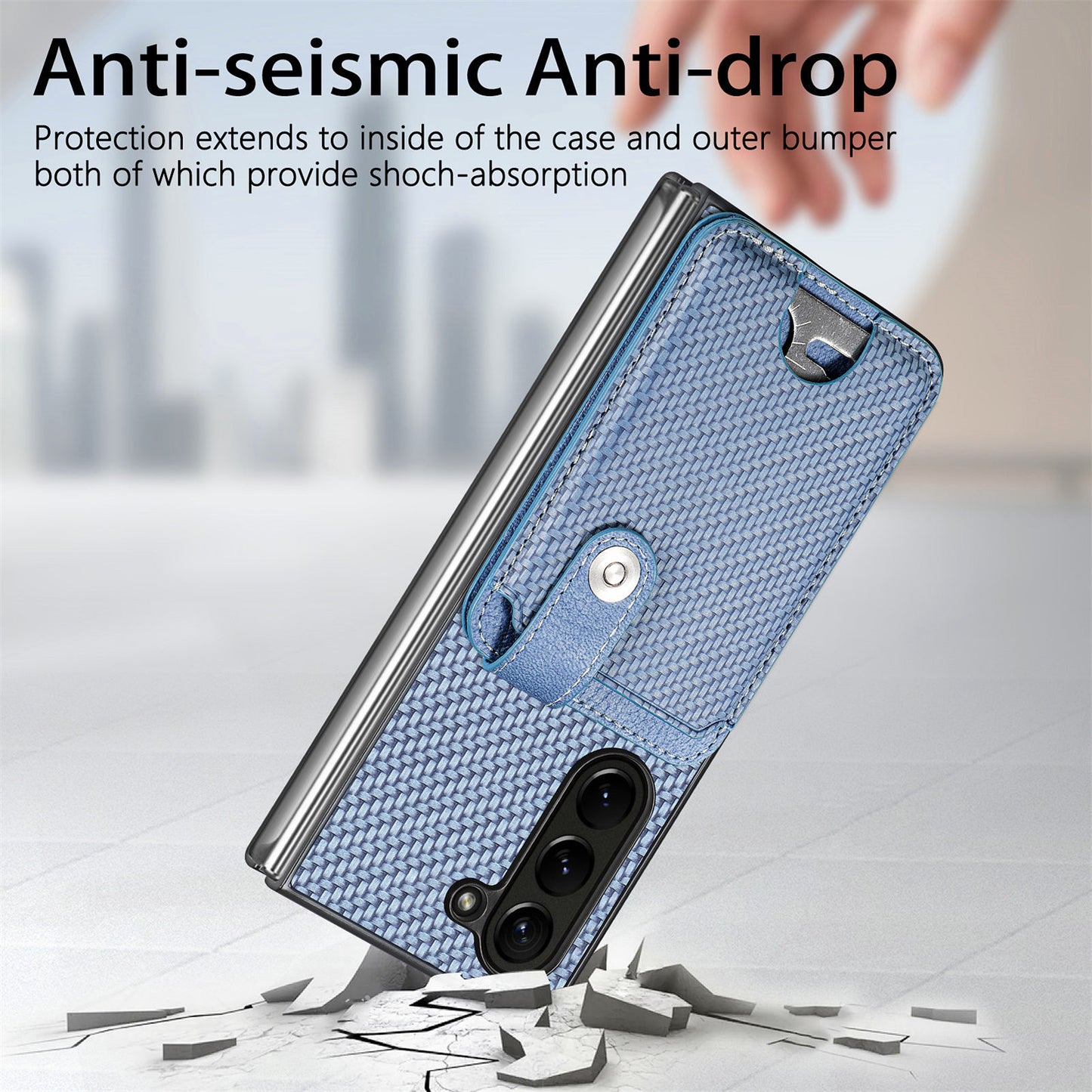 For Samsung Galaxy Z Fold6 5G Case Card Holder Leather Back Cover Carbon Fiber Texture - Blue