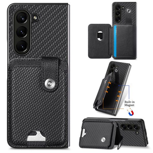 For Samsung Galaxy Z Fold6 5G Case Card Holder Leather Back Cover Carbon Fiber Texture - Black