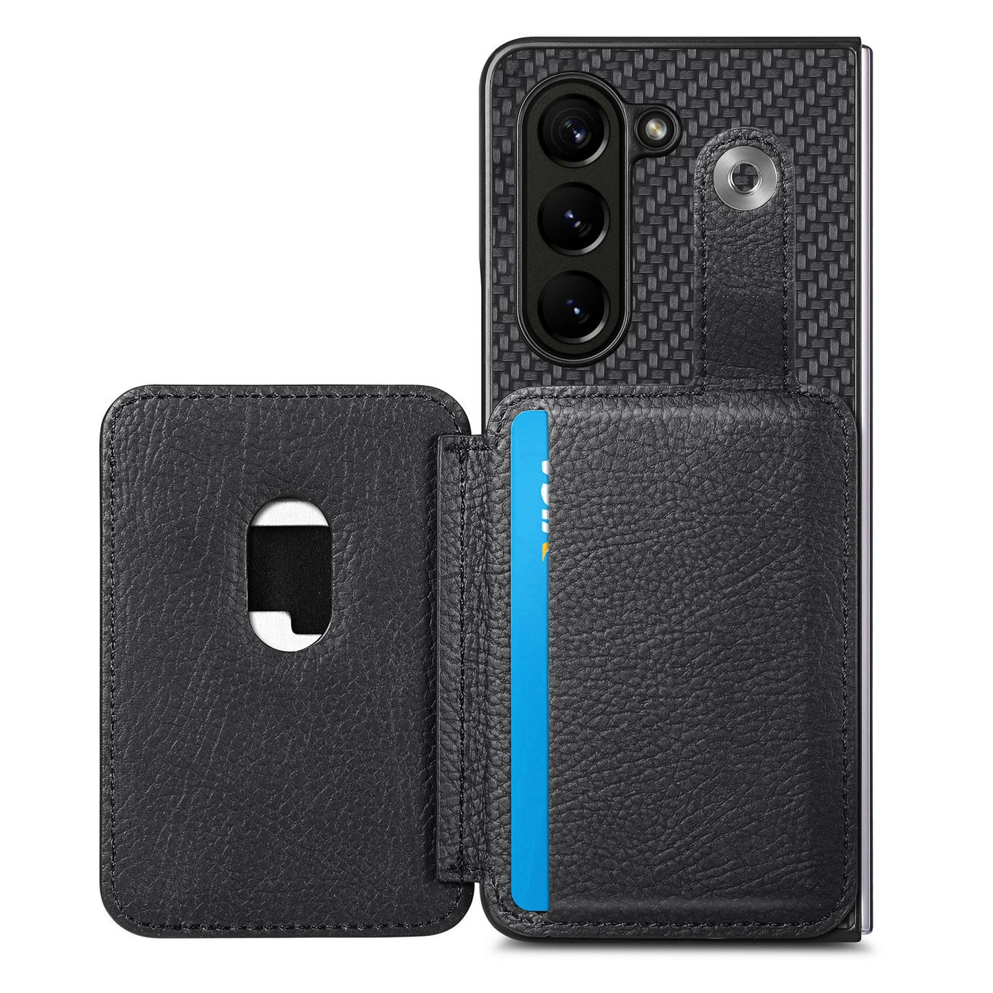 For Samsung Galaxy Z Fold6 5G Case Card Holder Leather Back Cover Carbon Fiber Texture - Black