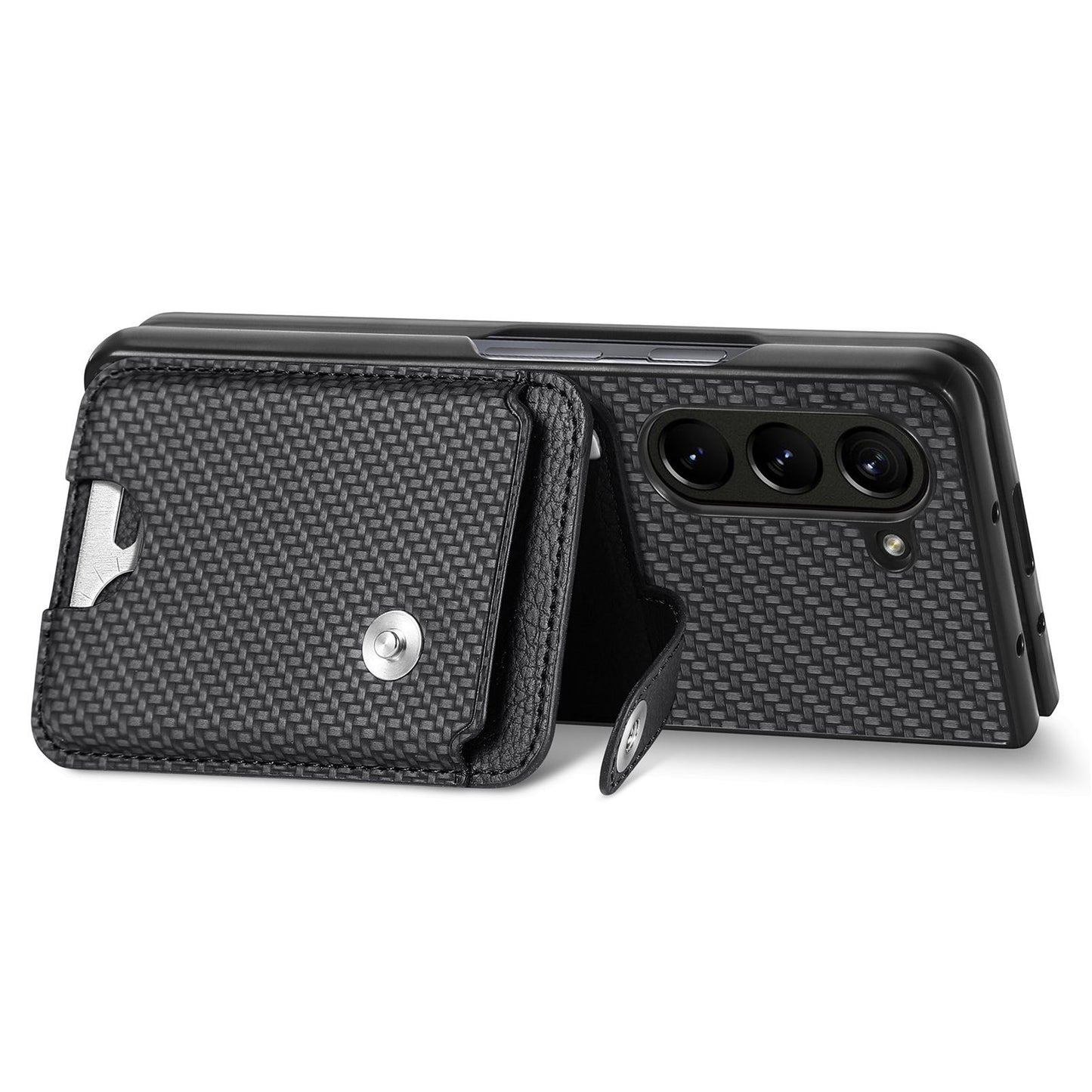 For Samsung Galaxy Z Fold6 5G Case Card Holder Leather Back Cover Carbon Fiber Texture - Black