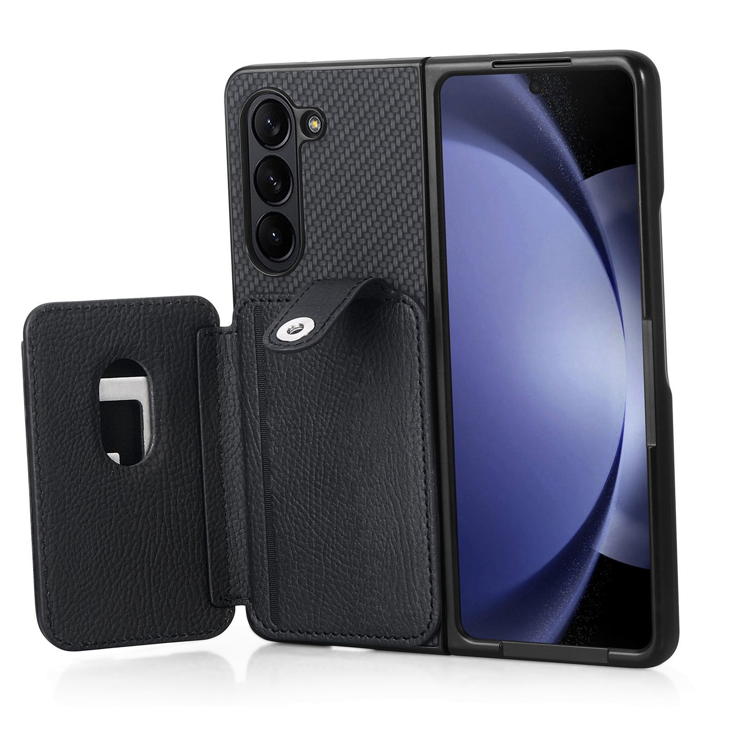 For Samsung Galaxy Z Fold6 5G Case Card Holder Leather Back Cover Carbon Fiber Texture - Black