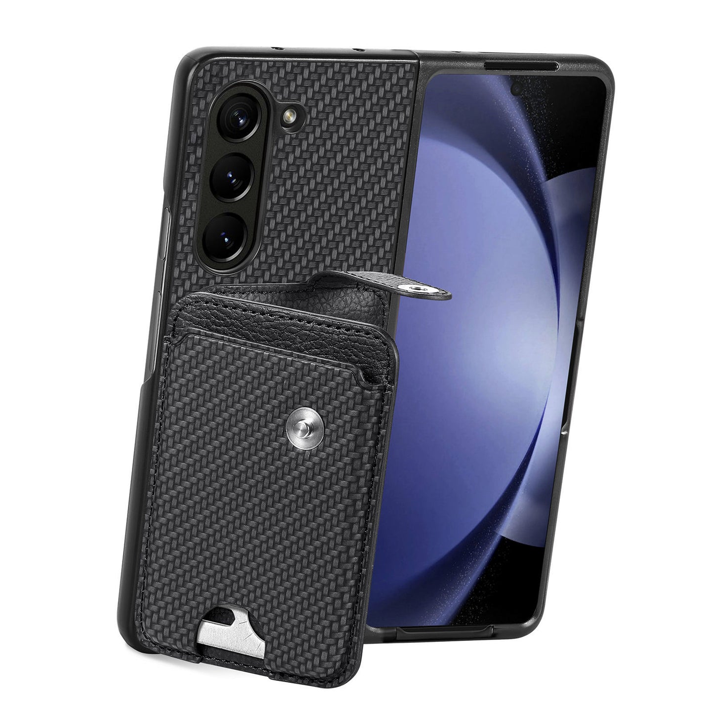For Samsung Galaxy Z Fold6 5G Case Card Holder Leather Back Cover Carbon Fiber Texture - Black