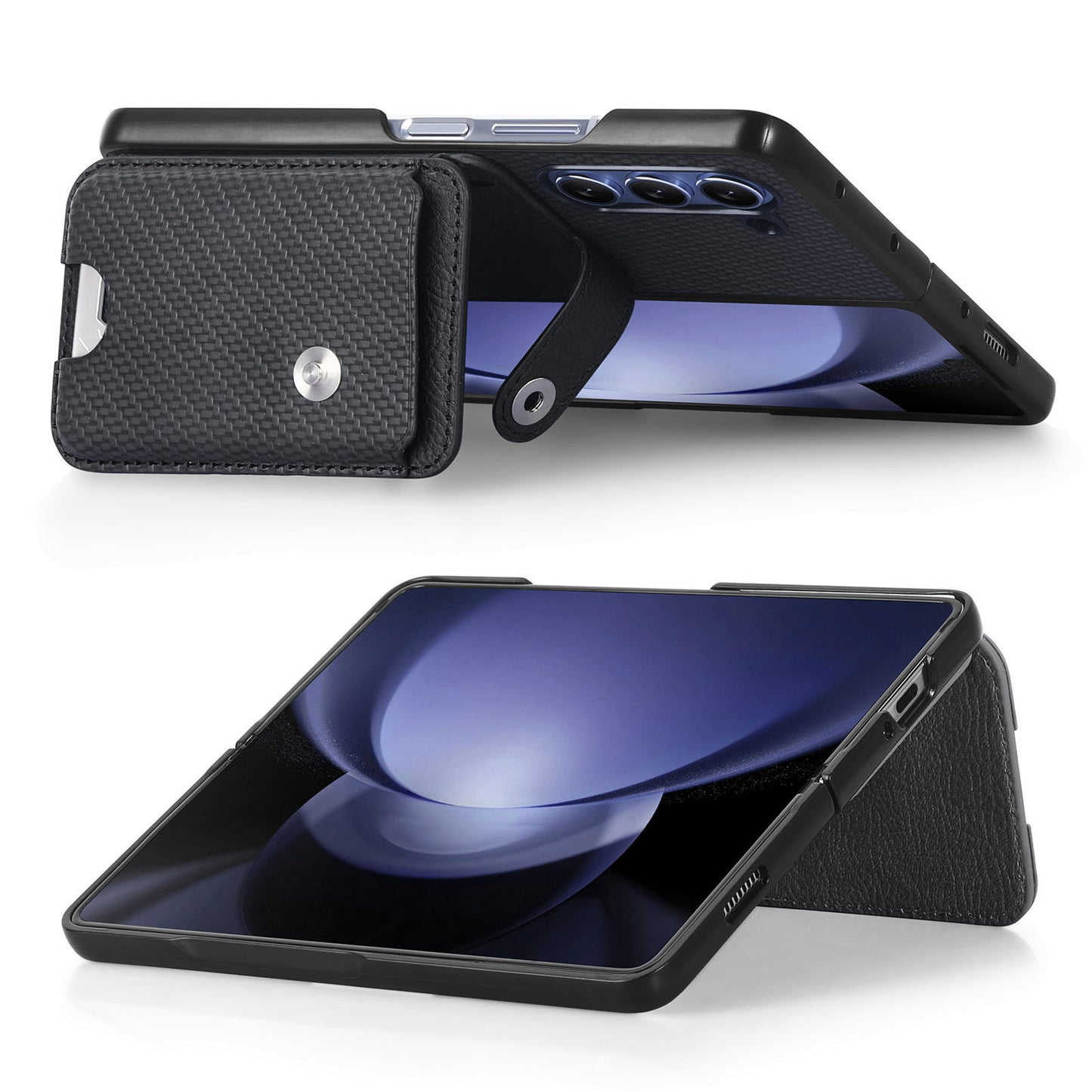 For Samsung Galaxy Z Fold6 5G Case Card Holder Leather Back Cover Carbon Fiber Texture - Black