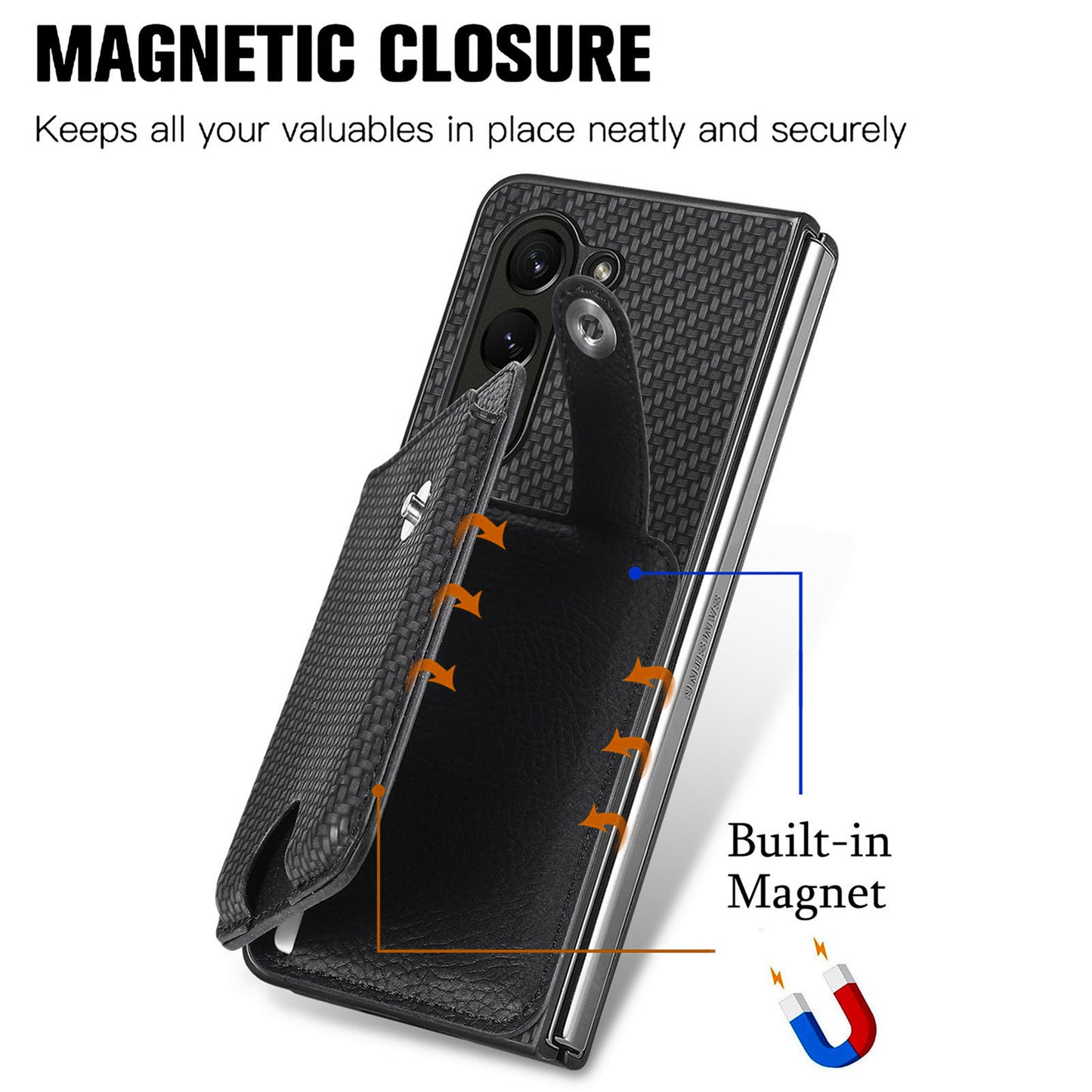For Samsung Galaxy Z Fold6 5G Case Card Holder Leather Back Cover Carbon Fiber Texture - Black