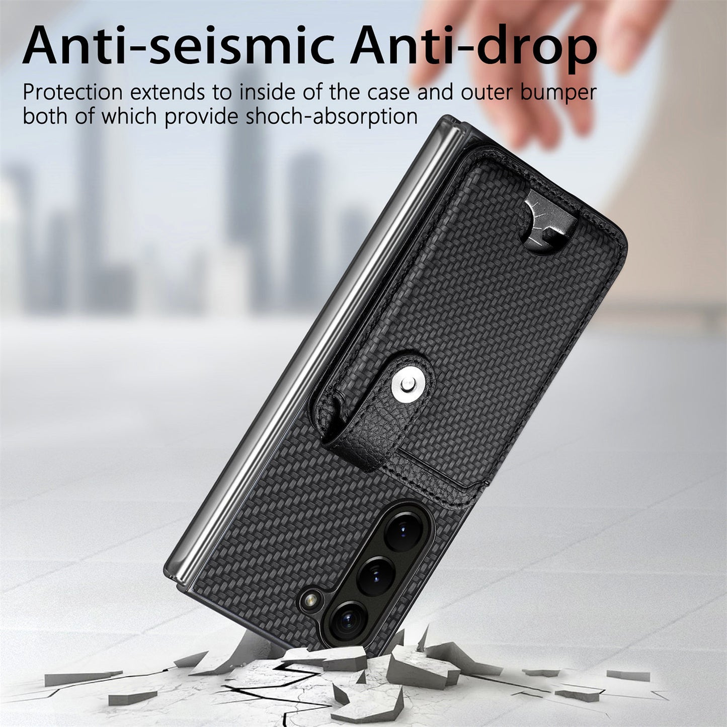 For Samsung Galaxy Z Fold6 5G Case Card Holder Leather Back Cover Carbon Fiber Texture - Black