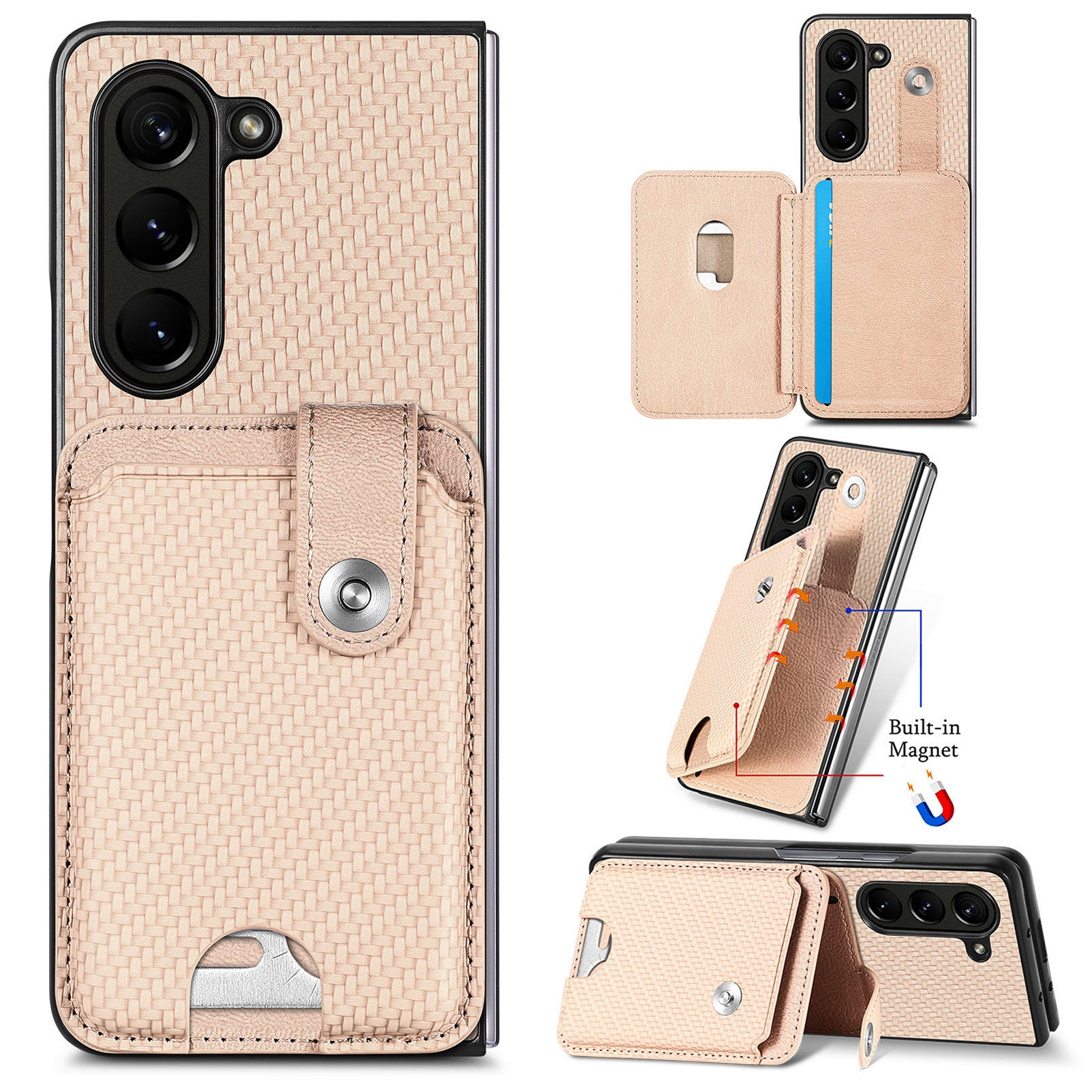For Samsung Galaxy Z Fold6 5G Case Card Holder Leather Back Cover Carbon Fiber Texture - Khaki