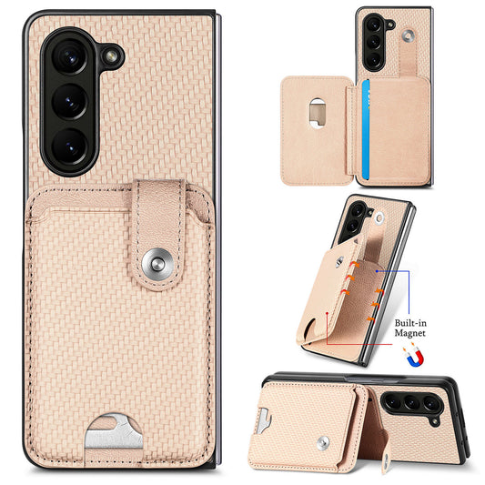 For Samsung Galaxy Z Fold6 5G Case Card Holder Leather Back Cover Carbon Fiber Texture - Khaki