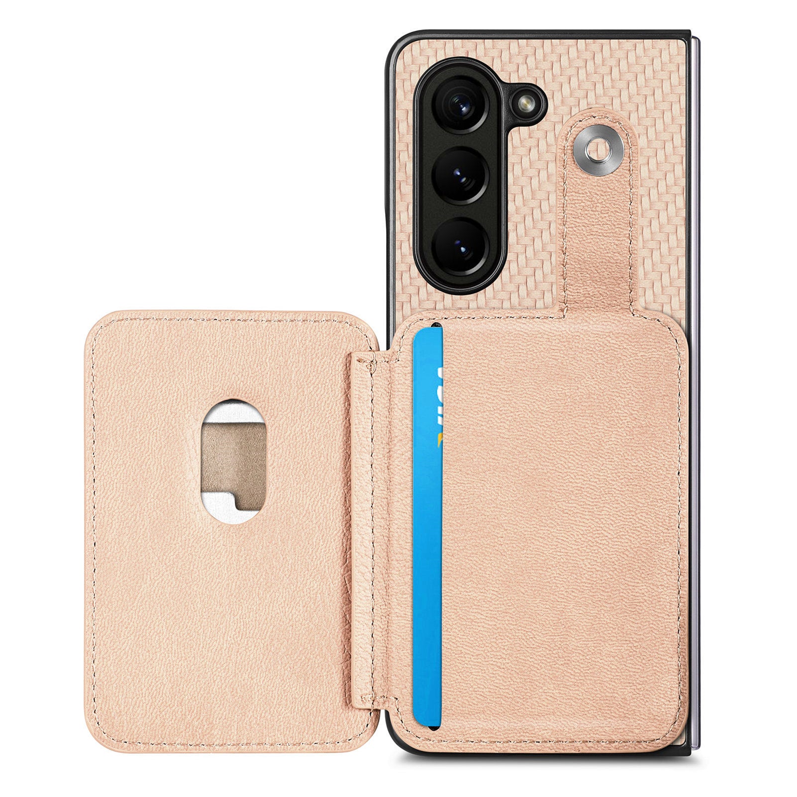 For Samsung Galaxy Z Fold6 5G Case Card Holder Leather Back Cover Carbon Fiber Texture - Khaki