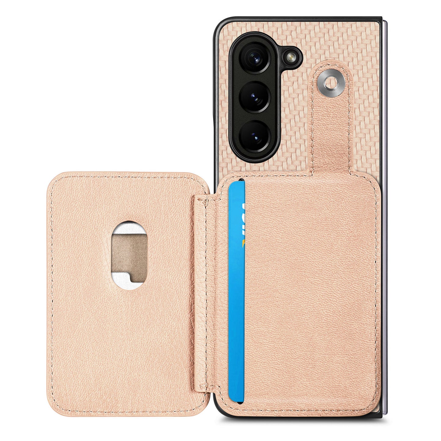 For Samsung Galaxy Z Fold6 5G Case Card Holder Leather Back Cover Carbon Fiber Texture - Khaki