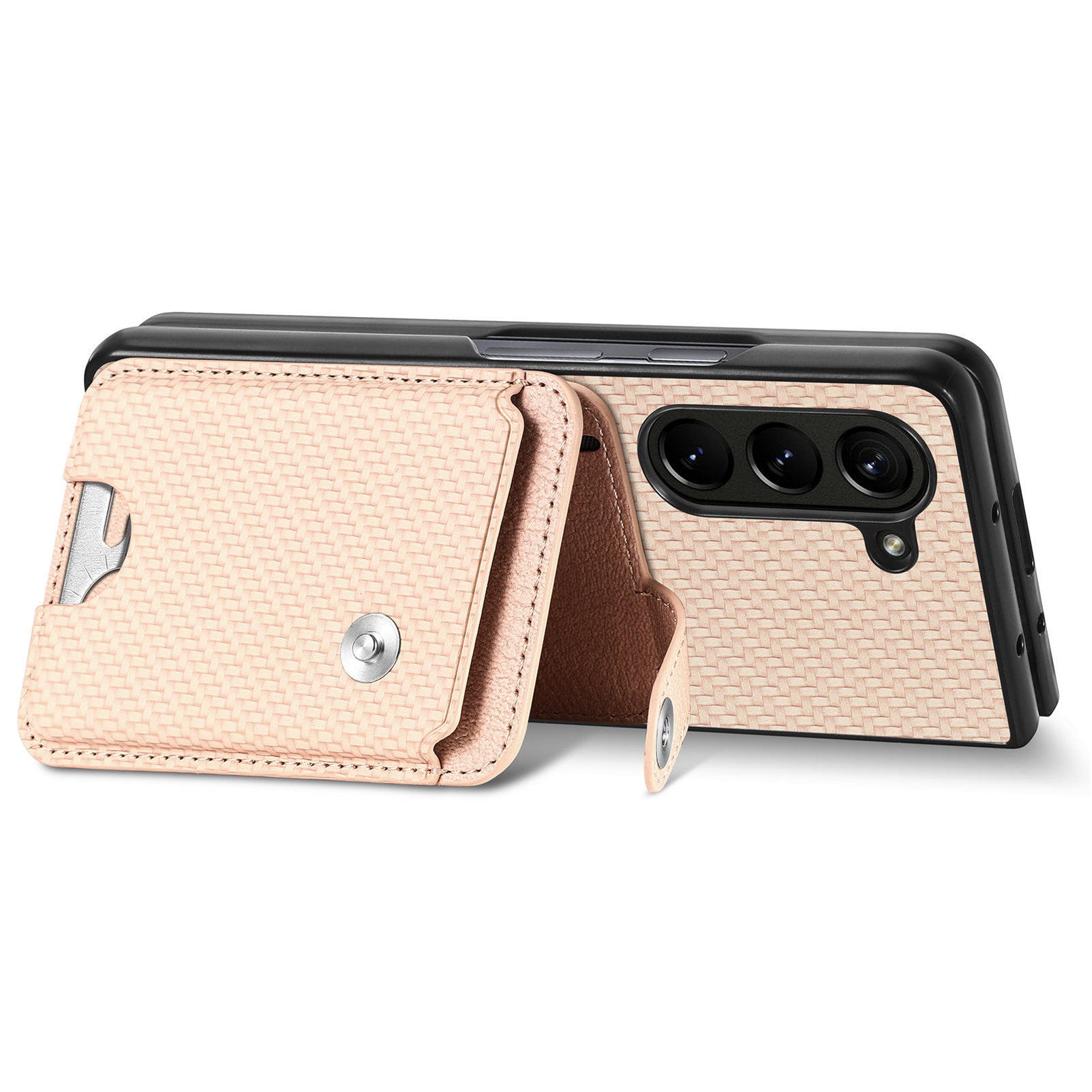 For Samsung Galaxy Z Fold6 5G Case Card Holder Leather Back Cover Carbon Fiber Texture - Khaki