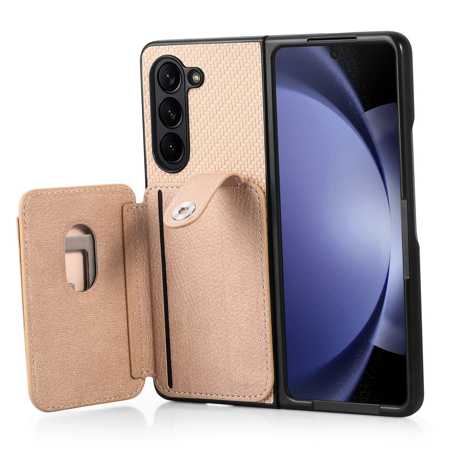 For Samsung Galaxy Z Fold6 5G Case Card Holder Leather Back Cover Carbon Fiber Texture - Khaki