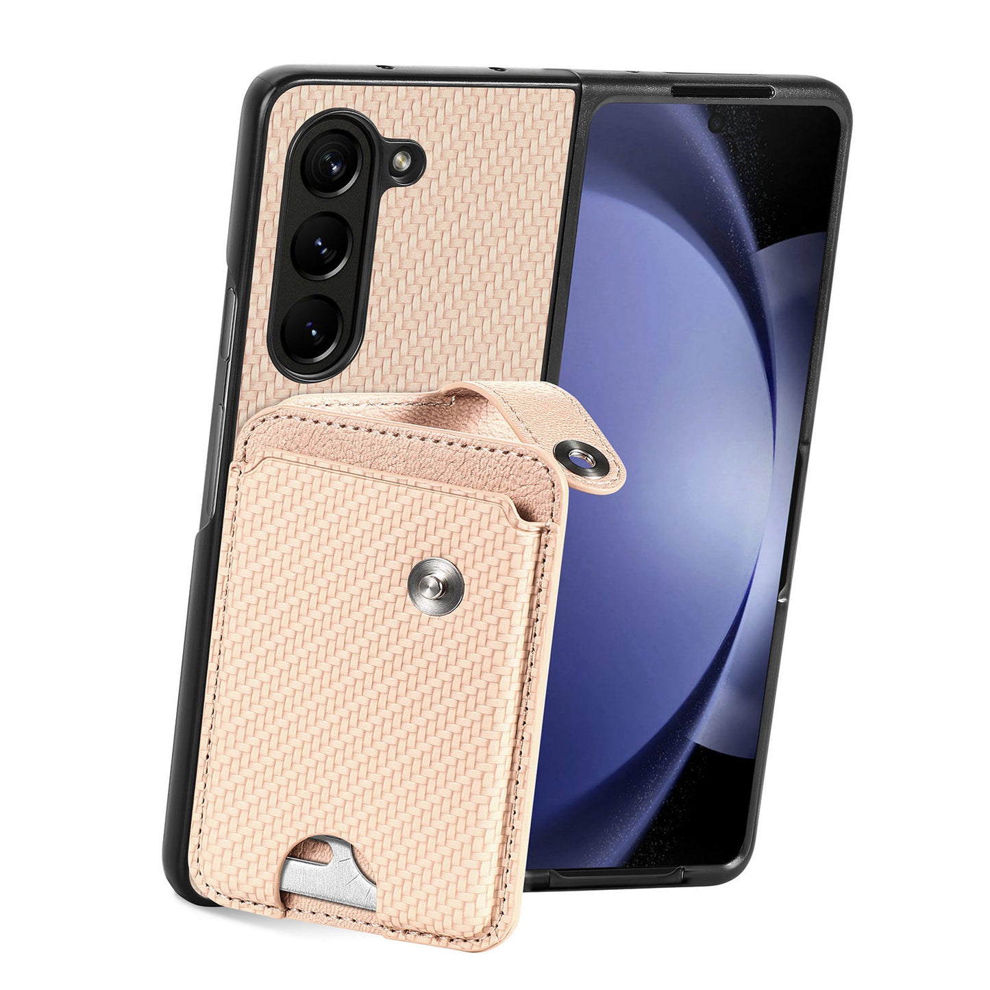 For Samsung Galaxy Z Fold6 5G Case Card Holder Leather Back Cover Carbon Fiber Texture - Khaki