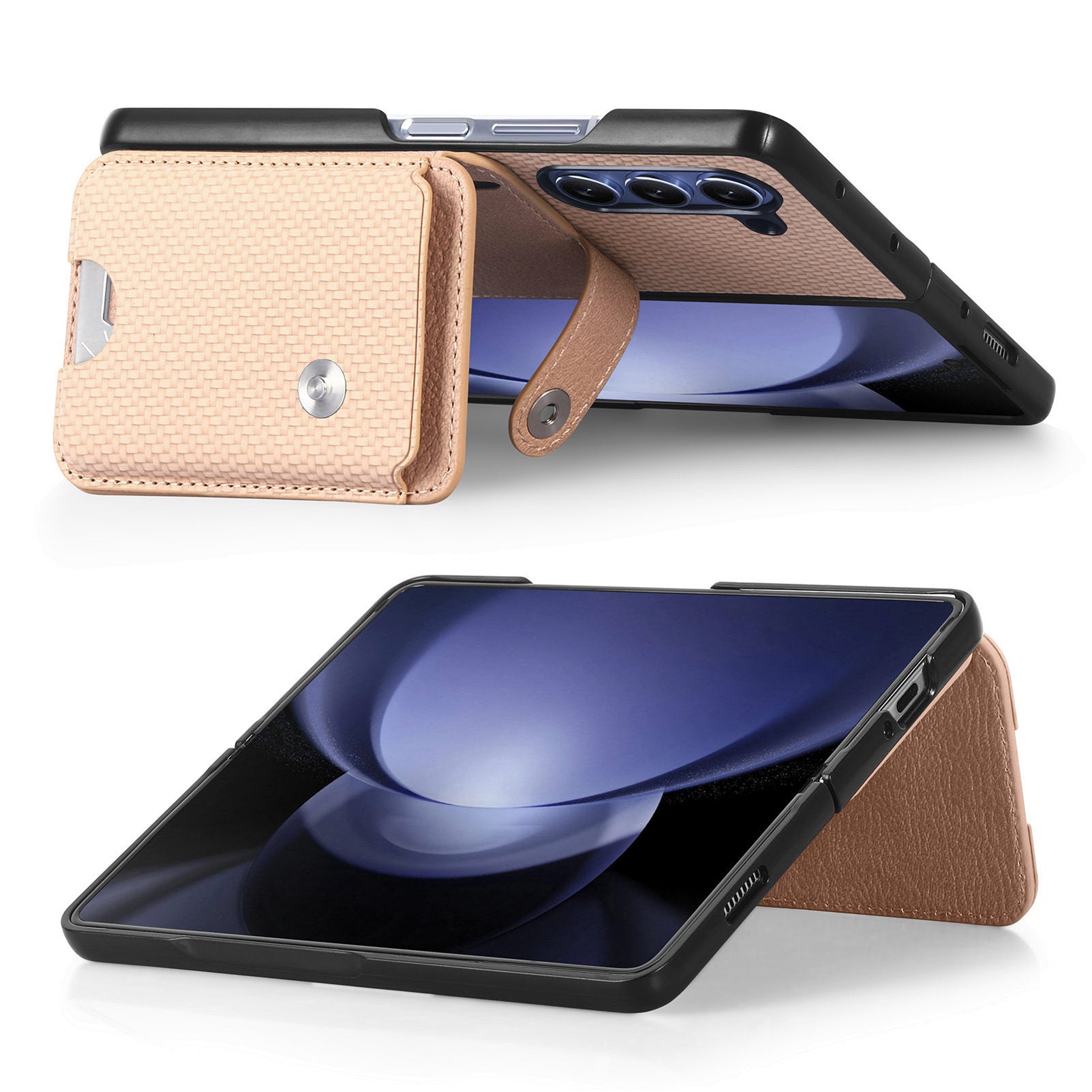 For Samsung Galaxy Z Fold6 5G Case Card Holder Leather Back Cover Carbon Fiber Texture - Khaki