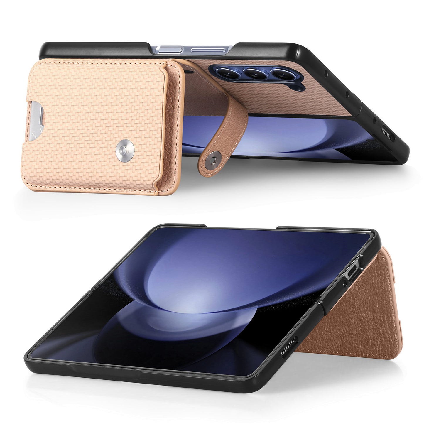 For Samsung Galaxy Z Fold6 5G Case Card Holder Leather Back Cover Carbon Fiber Texture - Khaki