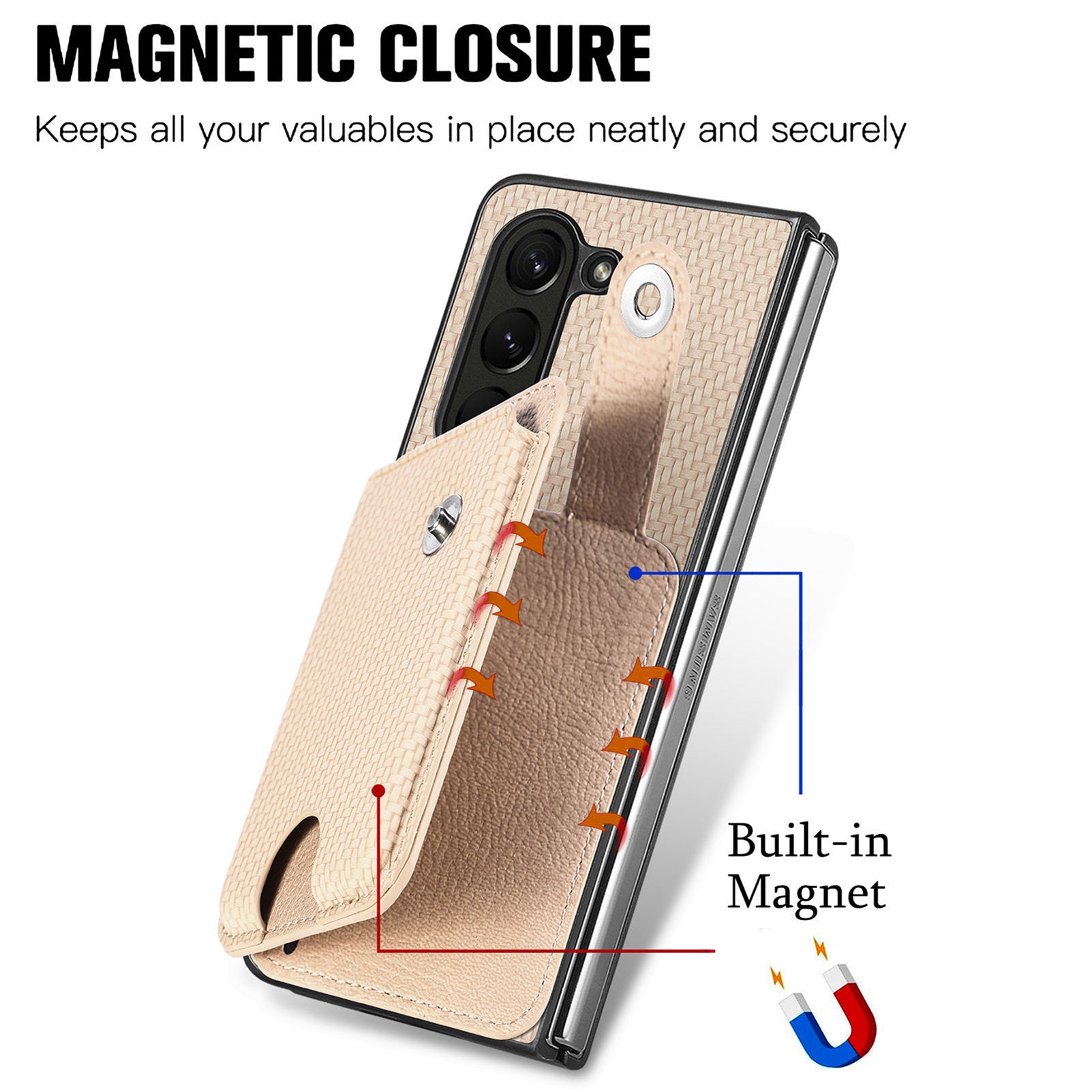For Samsung Galaxy Z Fold6 5G Case Card Holder Leather Back Cover Carbon Fiber Texture - Khaki