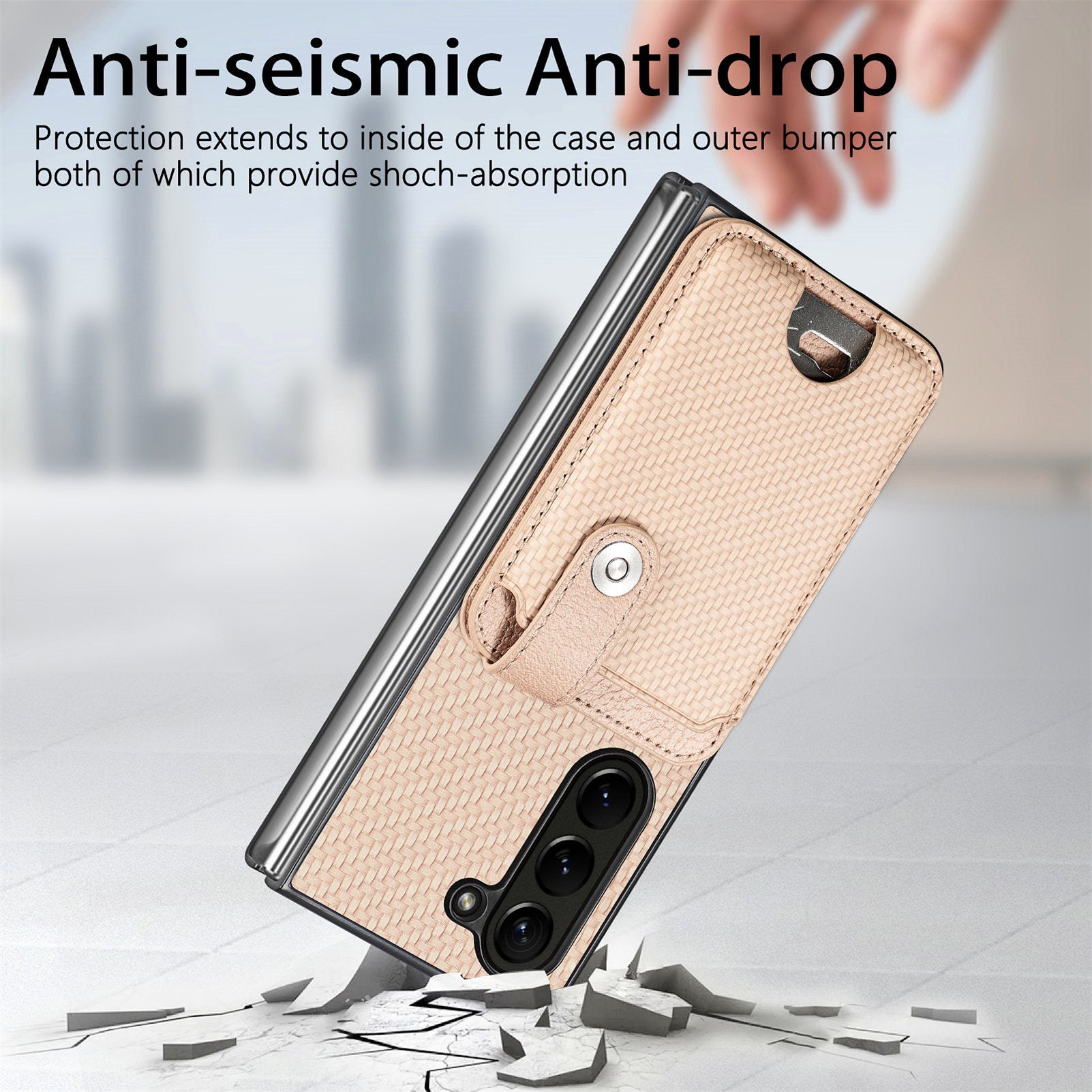 For Samsung Galaxy Z Fold6 5G Case Card Holder Leather Back Cover Carbon Fiber Texture - Khaki
