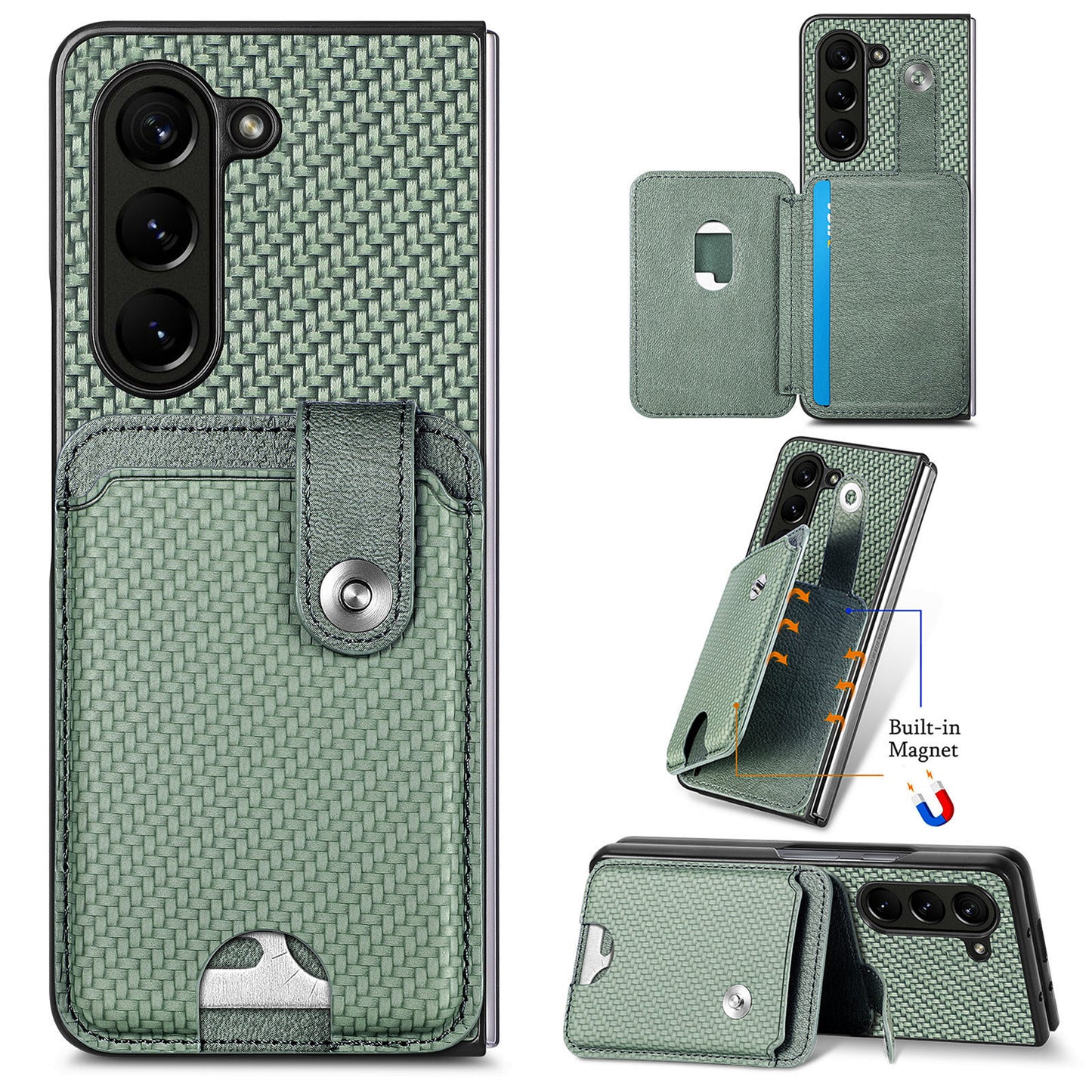 For Samsung Galaxy Z Fold6 5G Case Card Holder Leather Back Cover Carbon Fiber Texture - Green