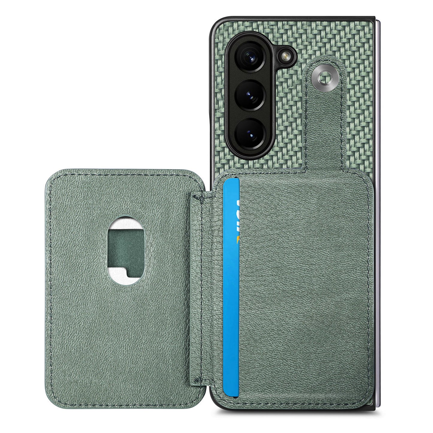 For Samsung Galaxy Z Fold6 5G Case Card Holder Leather Back Cover Carbon Fiber Texture - Green