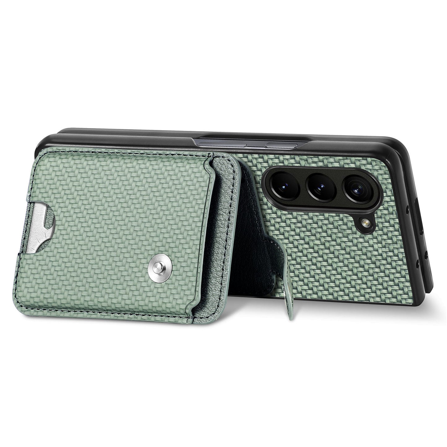 For Samsung Galaxy Z Fold6 5G Case Card Holder Leather Back Cover Carbon Fiber Texture - Green